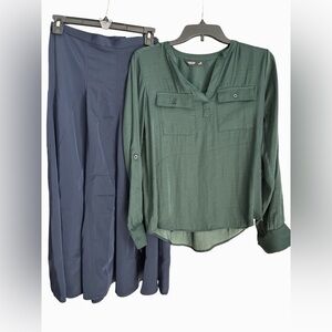 Blouse & Midi Skirt Green XS Simply Vera Wang Navy Blue 0P Banana Republic Flowy